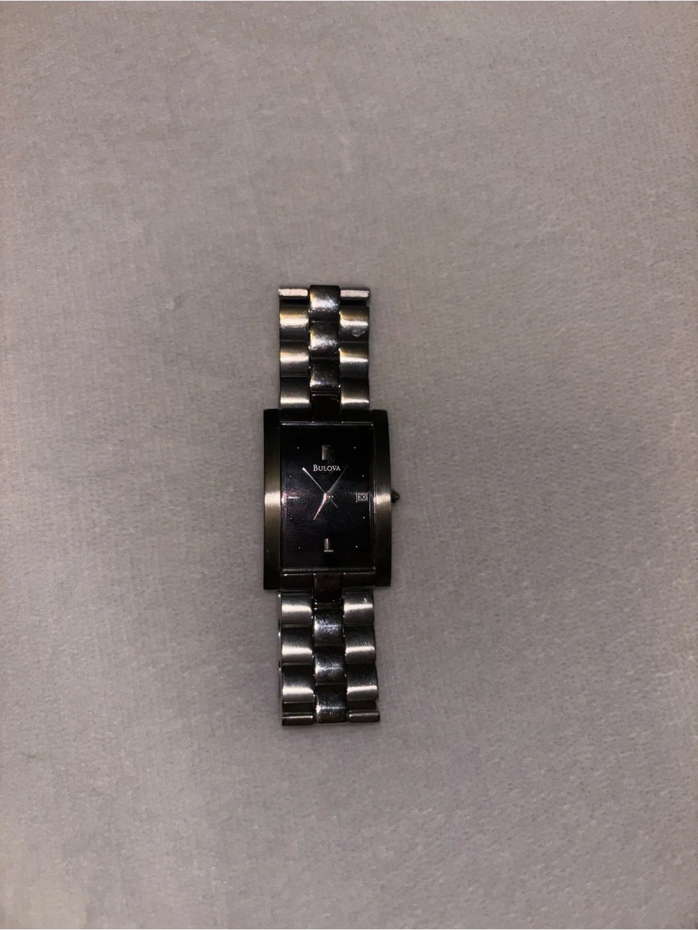 Bulova Men's Black and Silver Stainless Steel Rectangular Watch